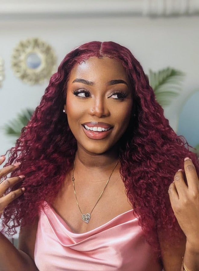 MENTOR 4C Edges Lace Front Wig Deep Wave Burgundy Human Hair 13x4 99j Red Lace Frontal Wigs Deep Curl with Kinky Edges Pre-Plucked 180% Density 18 inch - Image 1